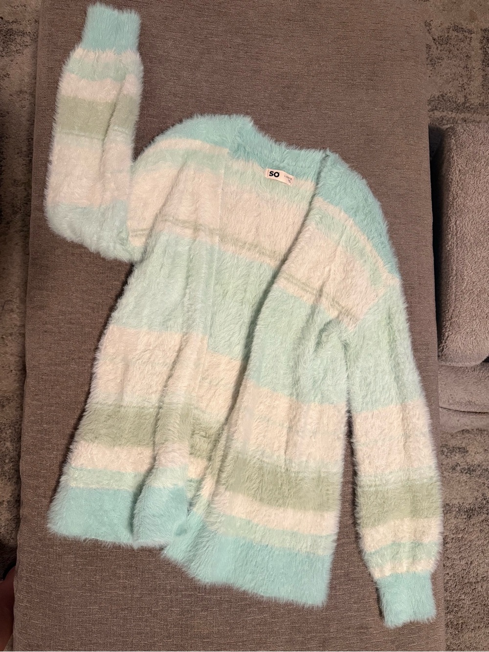 SO Fuzzy Open-Front Striped Cardigan - Mint, White, Sage